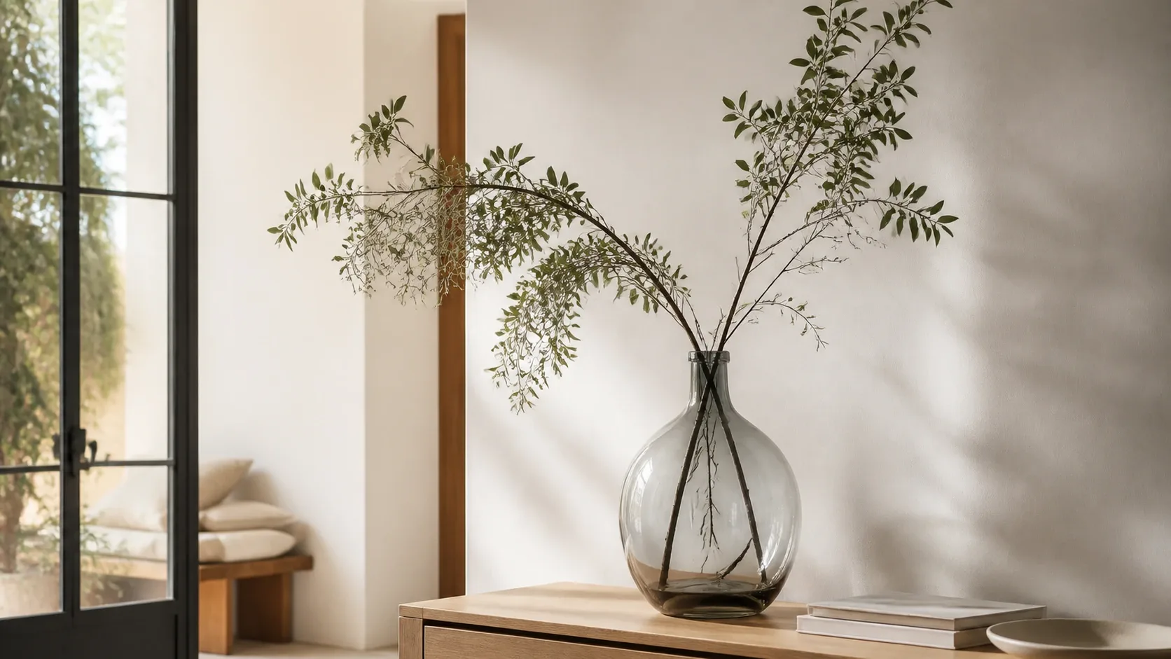 Branches artificielles aérées dans une dame-jeanne sur une console d’entrée minimaliste