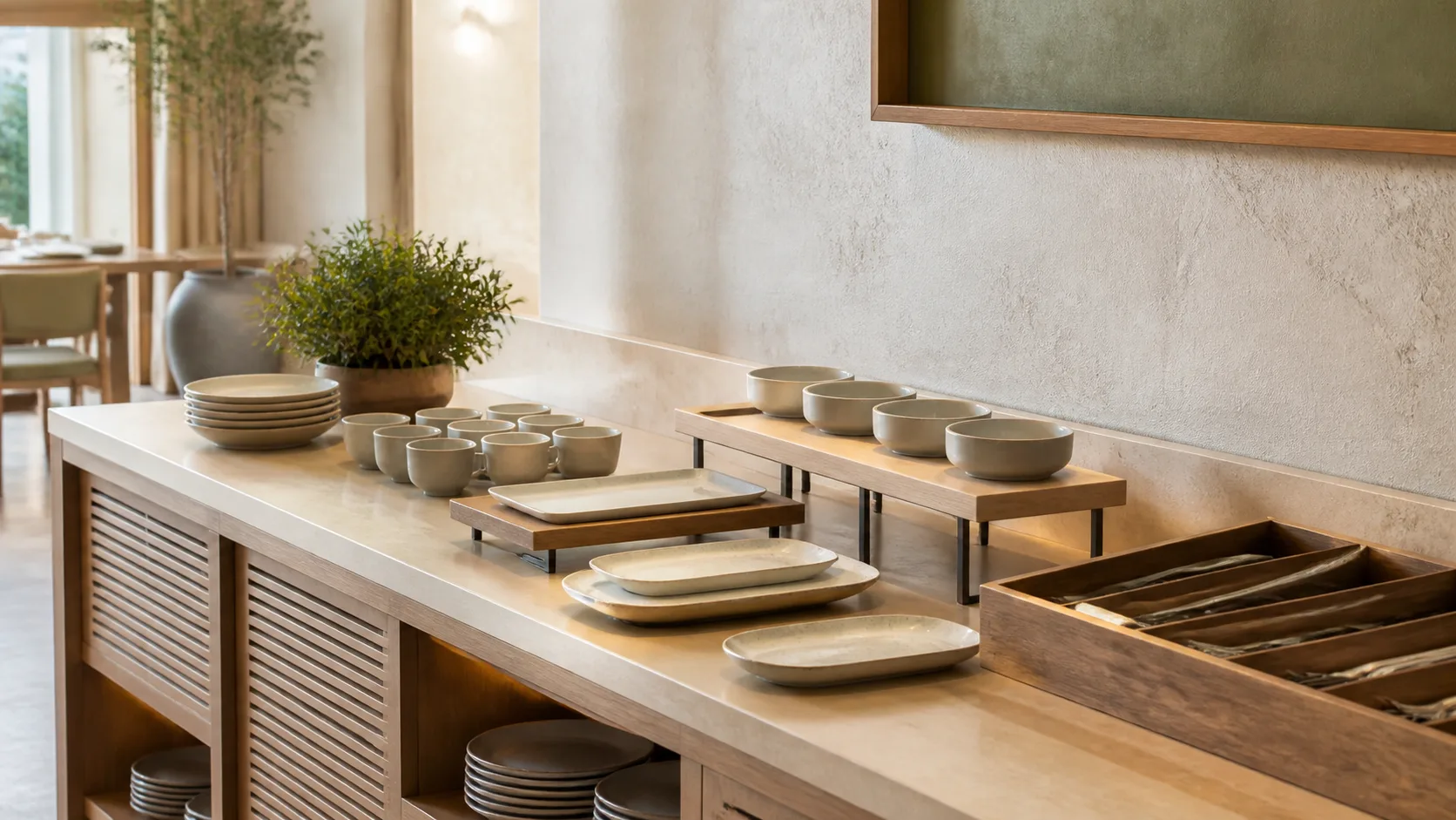 Buffet de petit-déjeuner d’hôtel avec un petit feuillage artificiel placé à l’extrémité d’un plan de service dégagé.