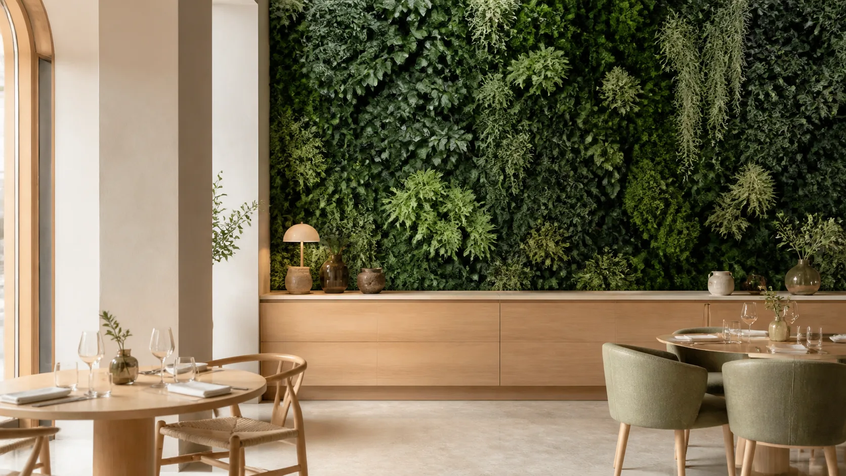 Mur végétal artificiel sobre en arrière-plan d’un espace de restaurant avec banquette et circulation libre au premier plan.