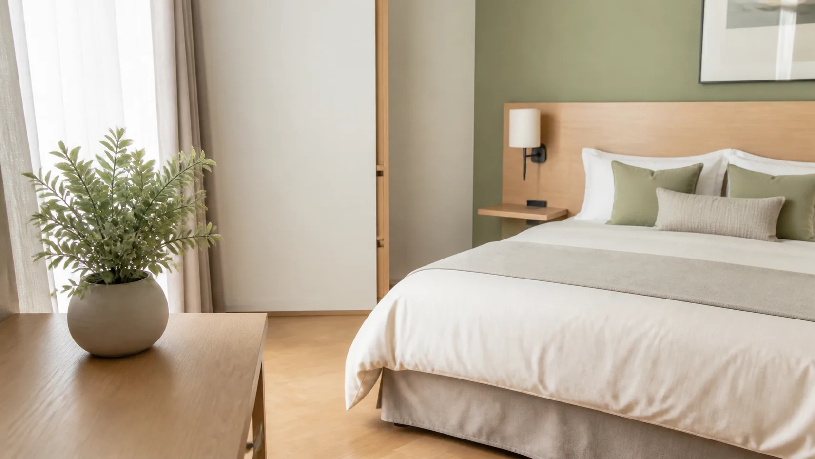 Chambre d’hôtel lumineuse avec une petite plante artificielle sur une console dégagée près d’une fenêtre.