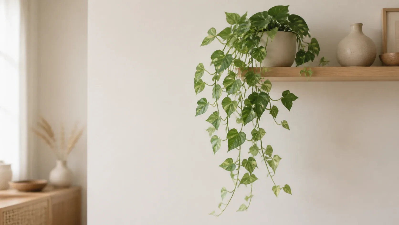 Plante retombante artificielle type pothos dans un pot beige, disposée sur une étagère en bois clair dans un intérieur lumineux.
