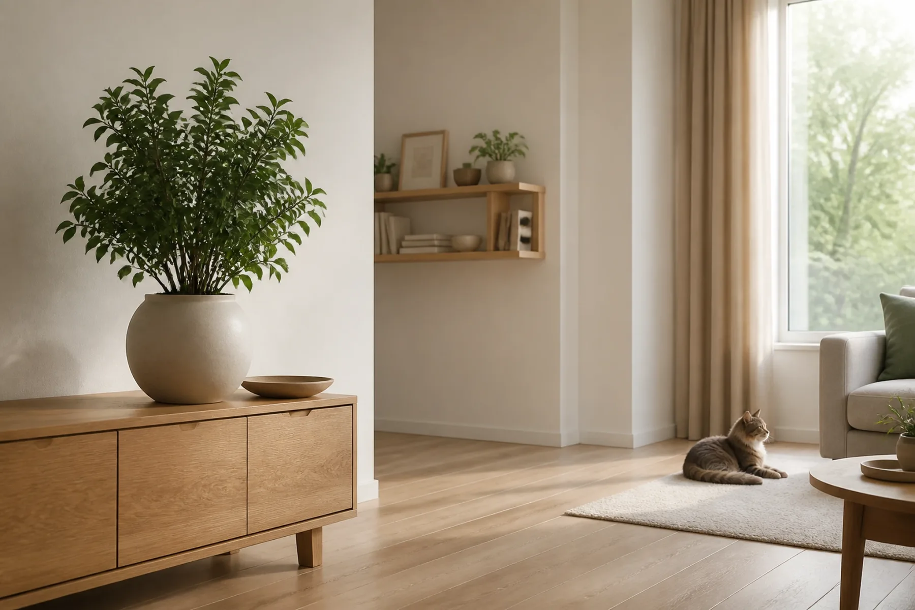 Dans un séjour lumineux, une grande plante artificielle en pot lourd repose sur un buffet en bois tandis qu’un chat est allongé à distance près de la fenêtre, avec un passage dégagé entre eux.