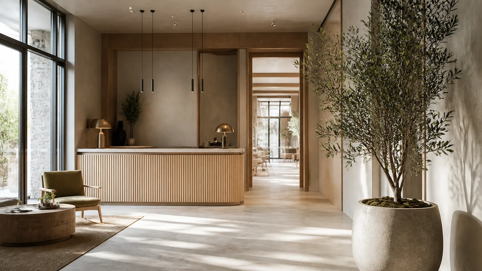 Hall d’hôtel lumineux avec une grande plante artificielle en pot placée à distance du comptoir et du passage de réception.