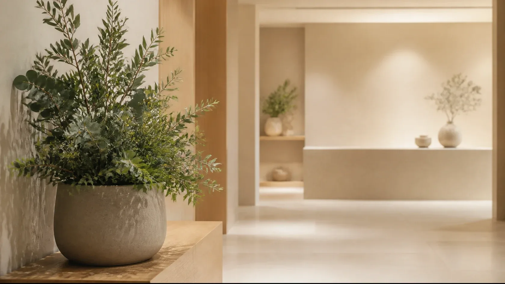 Composition de plantes artificielles dans l’espace accueil d’un spa aux tons bois clair et vert sauge