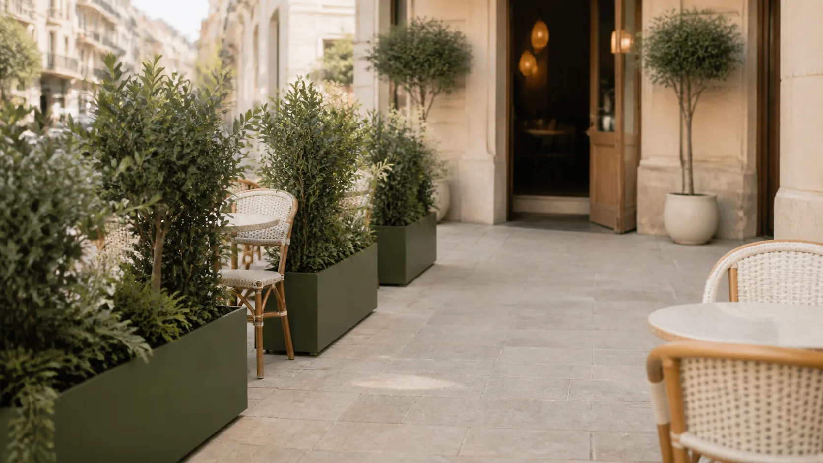 Terrasse de restaurant avec des bacs de feuillage artificiel le long d’un bord et un passage central dégagé entre les tables.