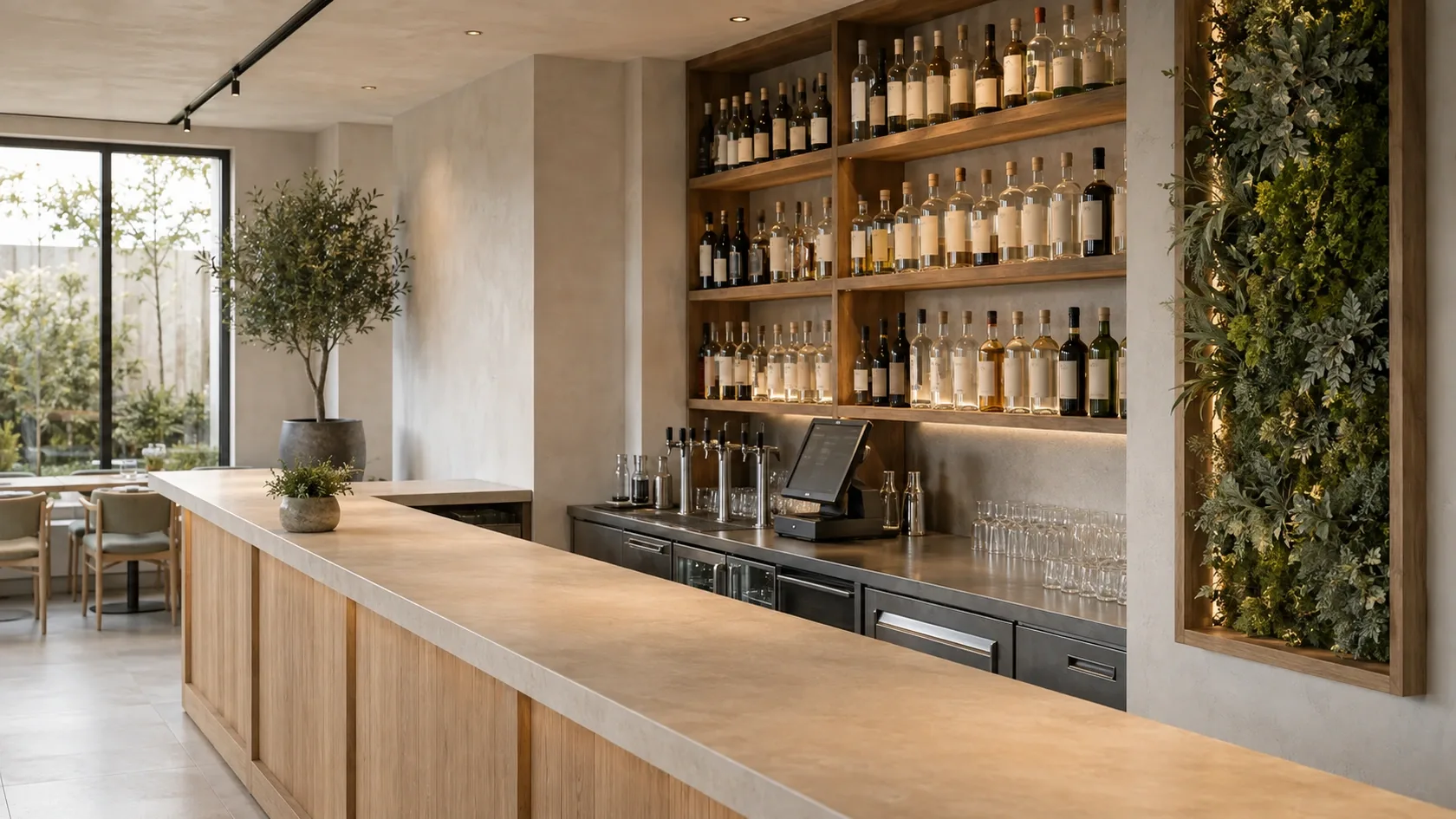 Décor de plantes artificielles placé sur le côté d’un bar professionnel, avec comptoir, bouteilles et passage dégagés