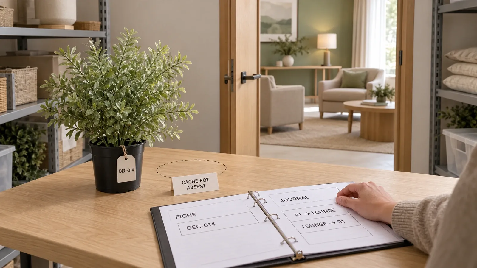 Dans une réserve hôtelière ouverte sur un lounge, la plante DEC-014 dans son pot technique noir côtoie un emplacement de cache-pot vide et un registre ouvert sur sa fiche et son journal aller-retour.