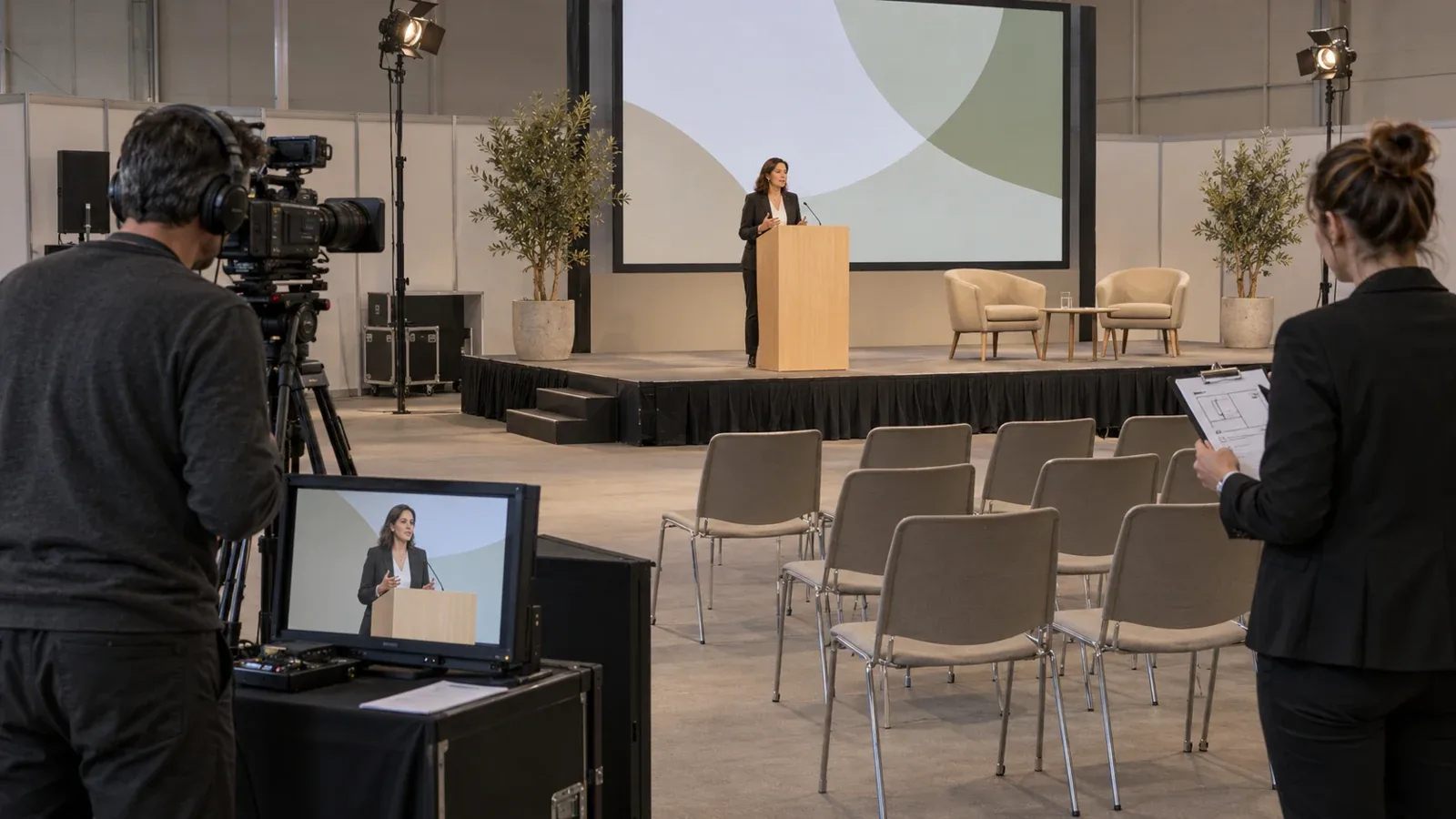 Répétition filmée sur une estrade temporaire : caméra et retour régie, intervenante au pupitre, deux assises de panel et plantes artificielles latérales laissant visage, écran et accès dégagés.