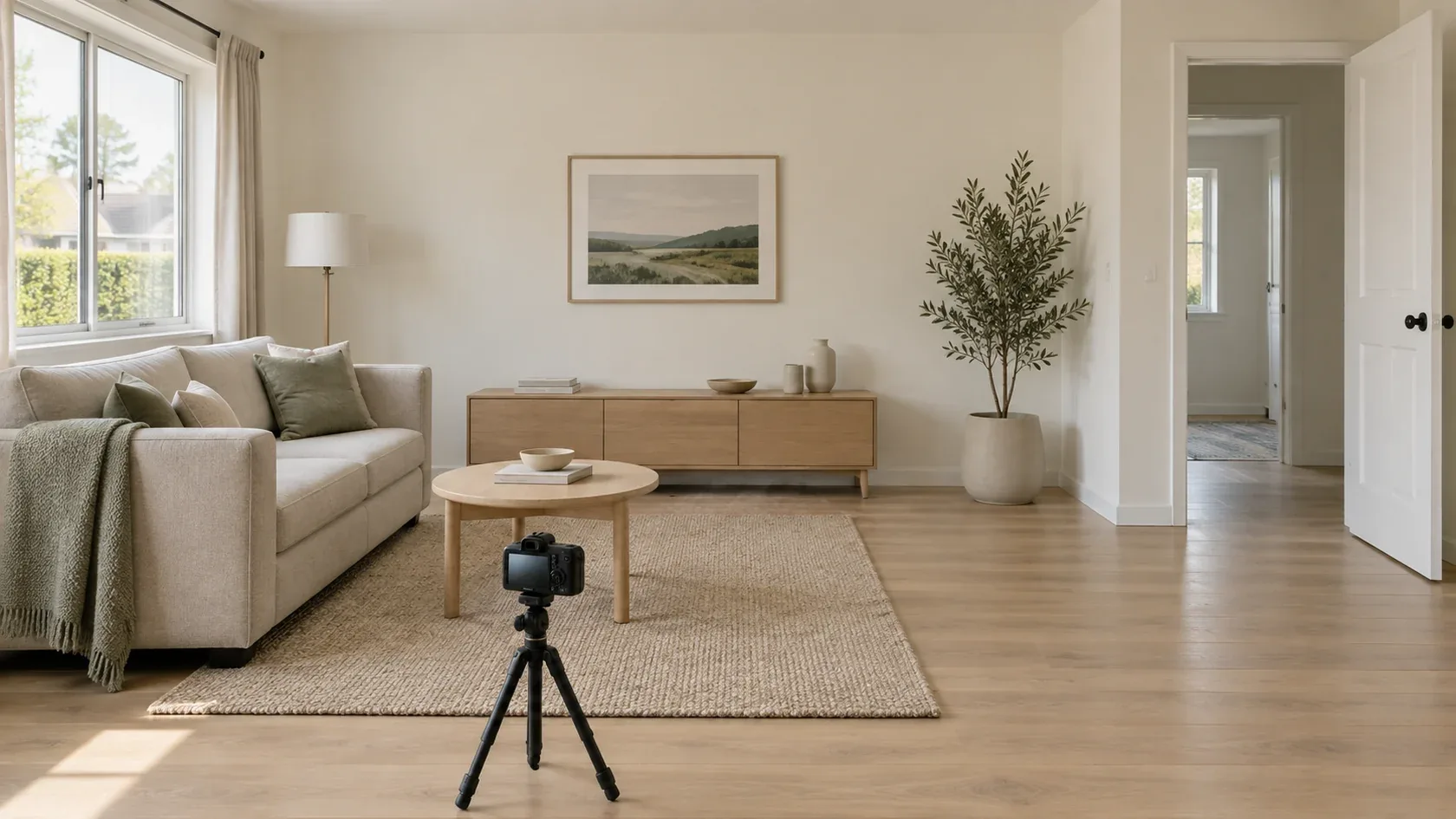 Séjour désencombré avec une plante artificielle dans un cache-pot beige, un appareil photo sur trépied et des passages, fenêtre et porte dégagés.